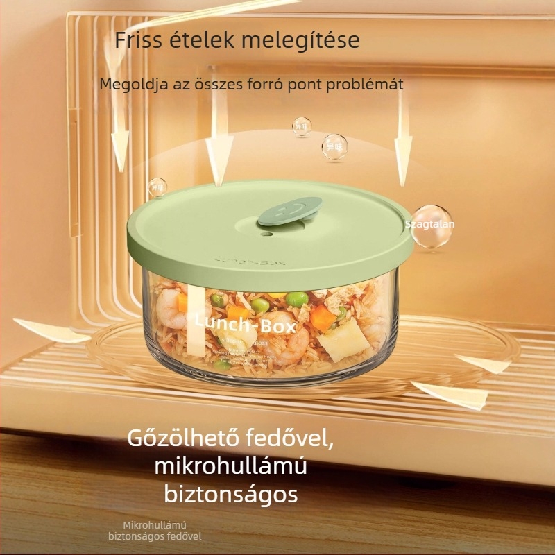 Üveg ebédes doboz, boroszilikát üveg, mikrohullámú sütőben használható, kerek alak, frissesség megőrzése, kapacitás 301–800 ml