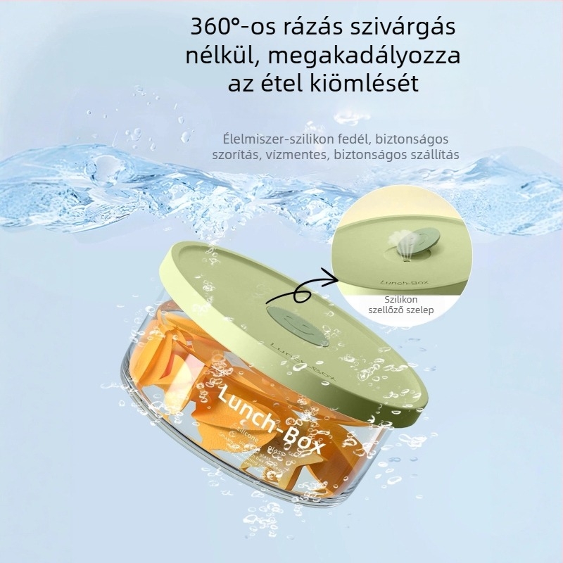 Üveg ebédes doboz, boroszilikát üveg, mikrohullámú sütőben használható, kerek alak, frissesség megőrzése, kapacitás 301–800 ml