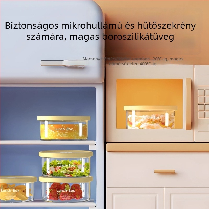 Üveg ebédes doboz, boroszilikát üveg, mikrohullámú sütőben használható, kerek alak, frissesség megőrzése, kapacitás 301–800 ml
