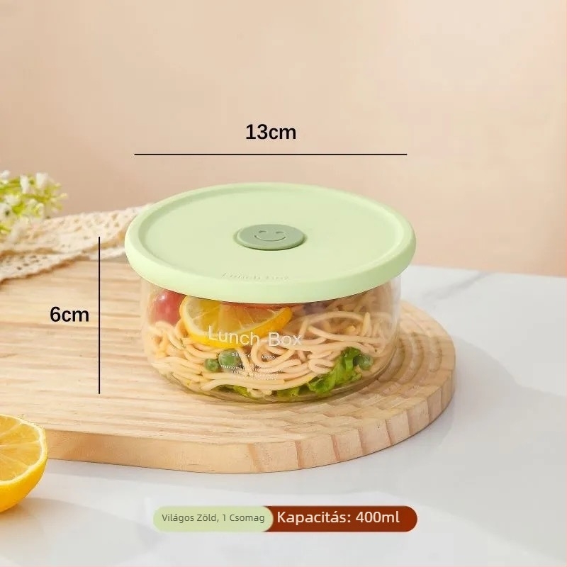 Üveg ebédes doboz, boroszilikát üveg, mikrohullámú sütőben használható, kerek alak, frissesség megőrzése, kapacitás 301–800 ml