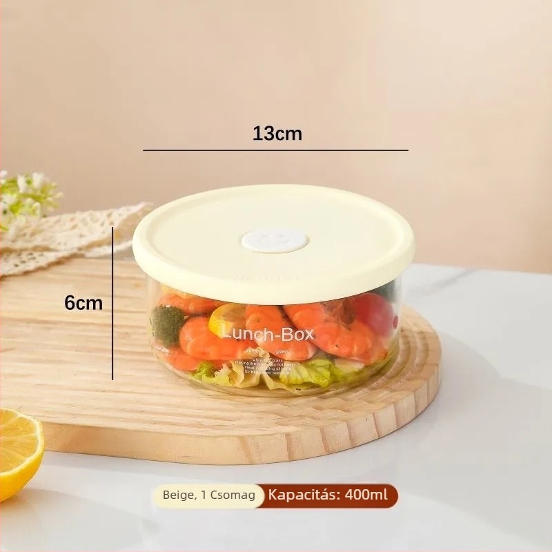Üveg ebédes doboz, boroszilikát üveg, mikrohullámú sütőben használható, kerek alak, frissesség megőrzése, kapacitás 301–800 ml