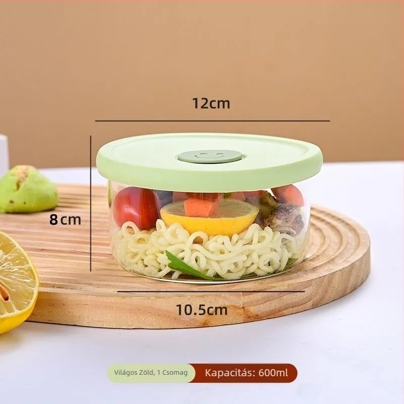 Üveg ebédes doboz, boroszilikát üveg, mikrohullámú sütőben használható, kerek alak, frissesség megőrzése, kapacitás 301–800 ml