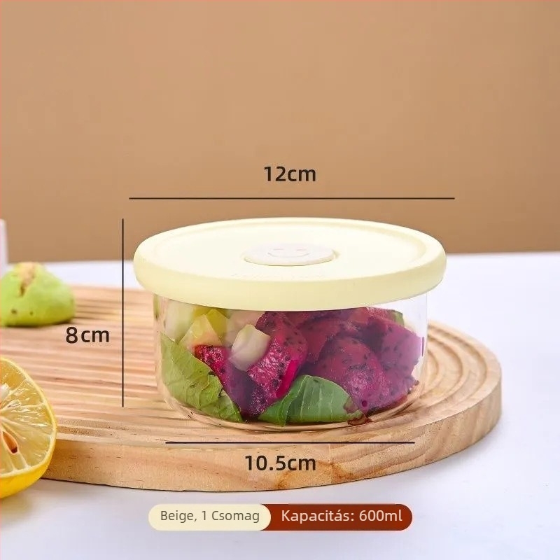 Üveg ebédes doboz, boroszilikát üveg, mikrohullámú sütőben használható, kerek alak, frissesség megőrzése, kapacitás 301–800 ml