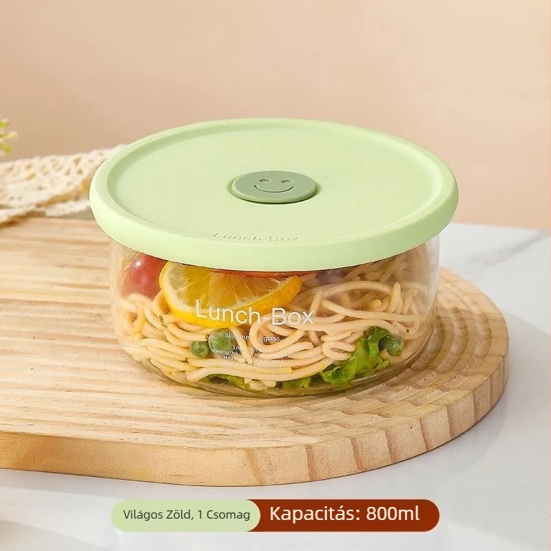 Üveg ebédes doboz, boroszilikát üveg, mikrohullámú sütőben használható, kerek alak, frissesség megőrzése, kapacitás 301–800 ml