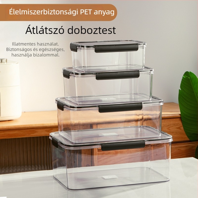 Élelmiszer-minőségű műanyag hűtőszekrény tároló doboz – átlátszó, zárható, téglalap alakú, nagy kapacitású