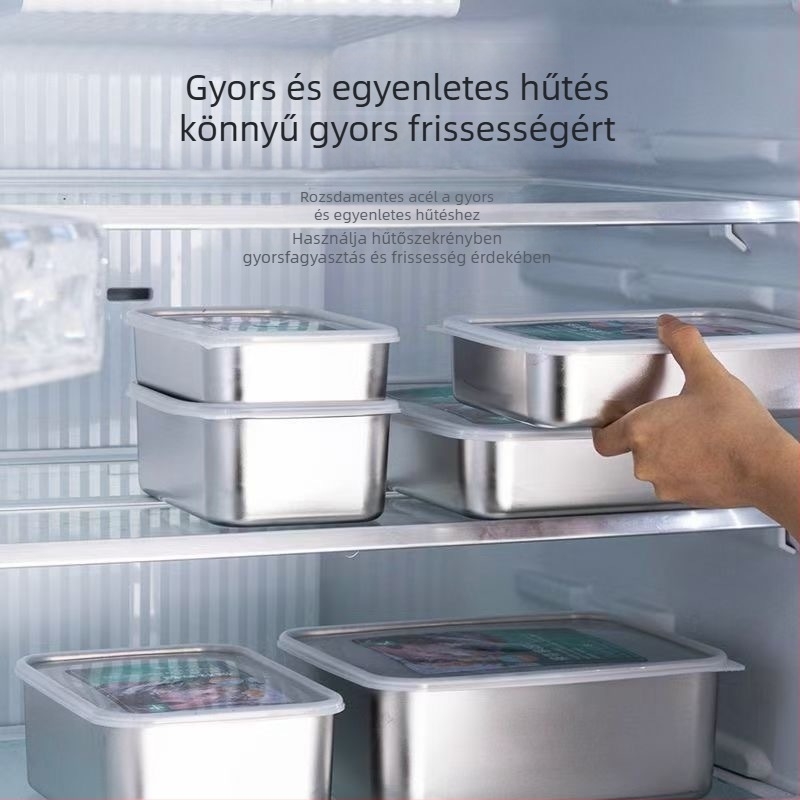 Rozsdamentes acél ételtároló doboz hűtőszekrényhez, négyszögletes alakú, 2,1–3 L kapacitás, mikrohullámú kompatibilis