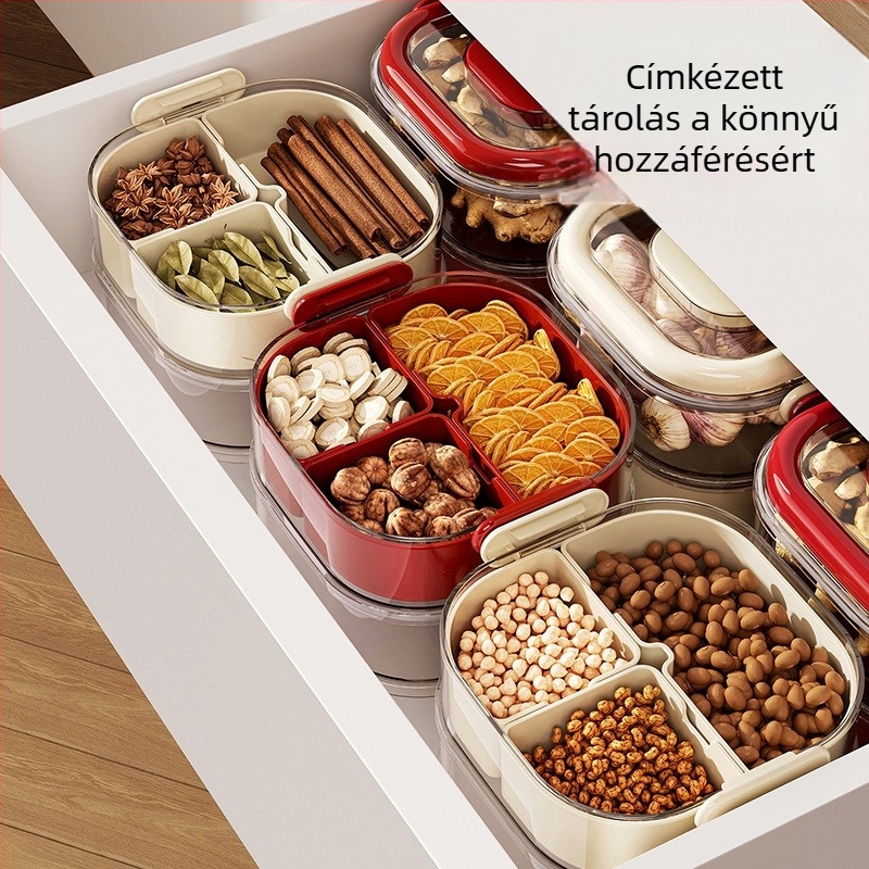 Többszintes fűszer tároló doboz készlet, 5 rekesz, 1 L kapacitás, ABS/PET anyag, konyhai fűszertároló szervező