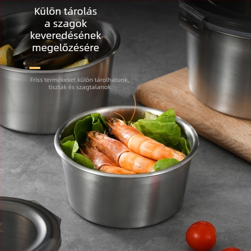 Körkörös rozsdamentes acél ételtároló, 304-es rozsdamentes acél, nem szigetelt, mikró nem használható, kapacitás 301–500 ml-től 3.1–4 L-ig