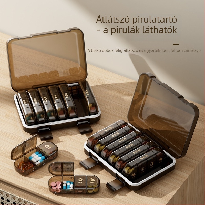 7 napos tablettás szervező zárt rekeszekkel, hordozható, teljes kapacitással.