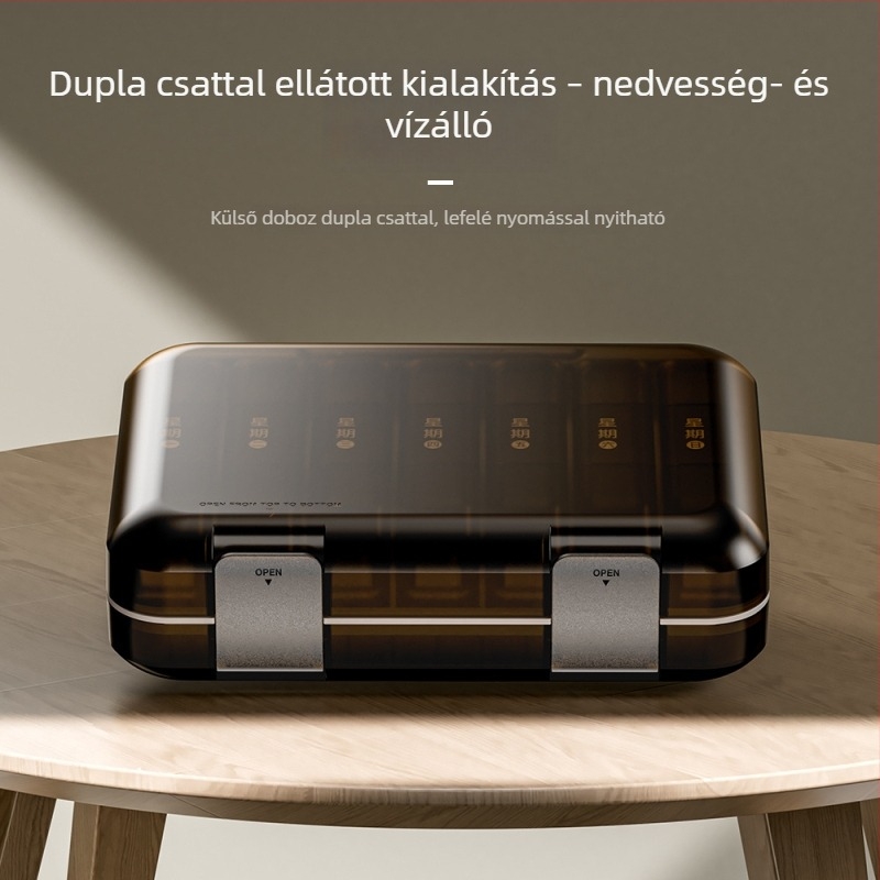 7 napos tablettás szervező zárt rekeszekkel, hordozható, teljes kapacitással.