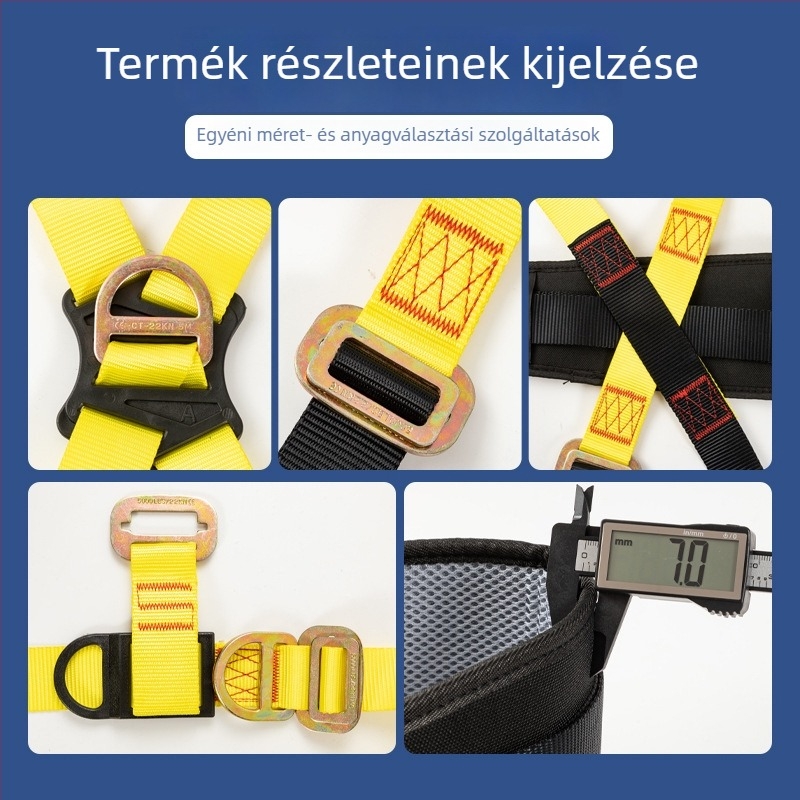 Ötpontos biztonsági öv - teljes test, magassági esés elleni védelem, kettős horog, poliészter, teherbírás 100 kg, állítható kötélhossz