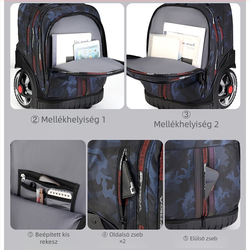 Női gurulós hátizsák középiskolásoknak és afölött, Oxford anyagból, vízálló, antibakteriális és kopásálló, éjszakai láthatóságot növelő reflexiós elemekkel, ívelt vállpántok, poliészter bélés, városi minimalist stílus