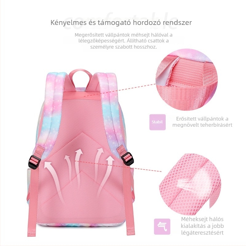 Iskolai hátizsák unikornis mintával, 20–35 L kapacitás, poliészter anyag, lélegző, vízálló, kopásálló, légpárnás vállpántok