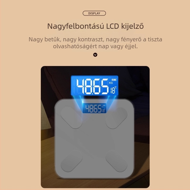 Okos testzsír- és testsúlymérleg, USB-töltés, 180 kg teherbírás, nagy pontosságú érzékelő, HD LCD kijelző
