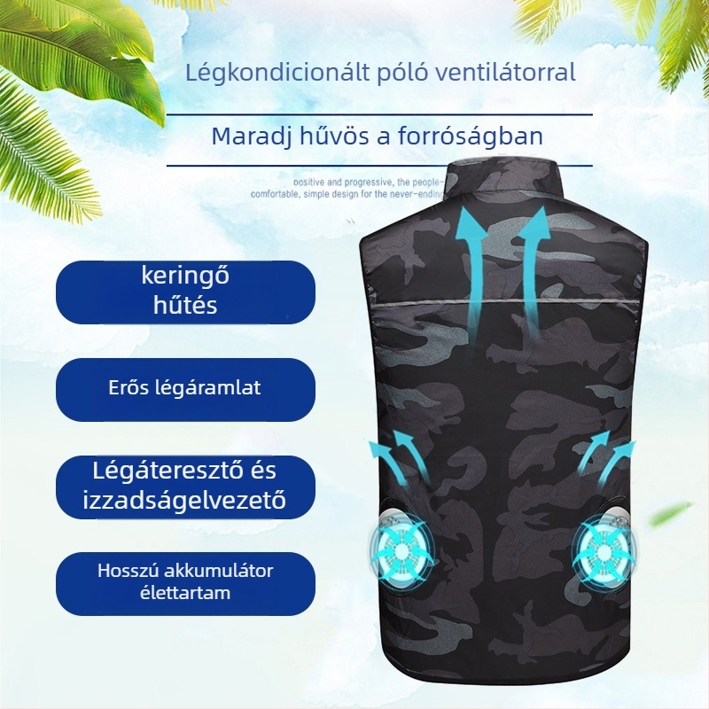 Nyári szabadtéri munkahoz hűtő mellény ventillátorral, ujjatlan, 100% poliészter