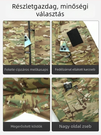 Katonai kamuflázzal ellátott készlet: ing és nadrág, poliészter anyagból, kopásálló és tartós, tavasz–őszre.