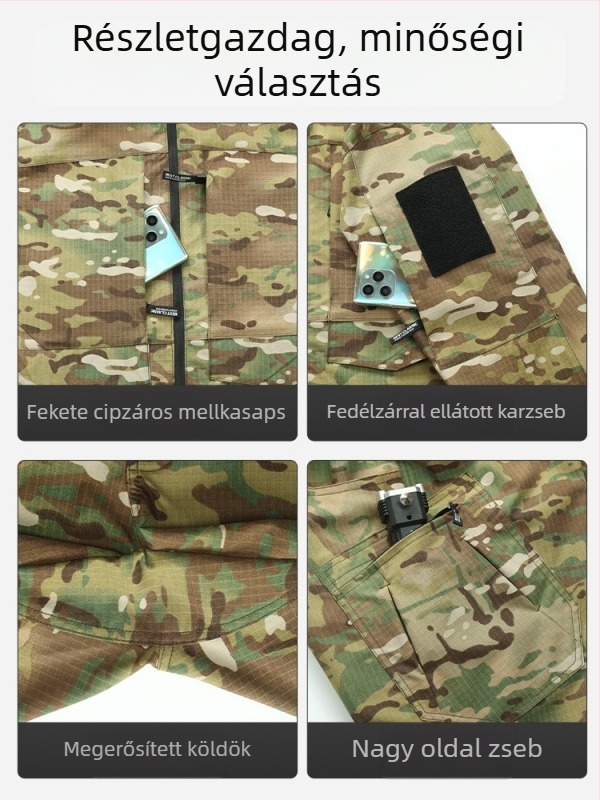 Katonai kamuflázzal ellátott készlet: ing és nadrág, poliészter anyagból, kopásálló és tartós, tavasz–őszre.