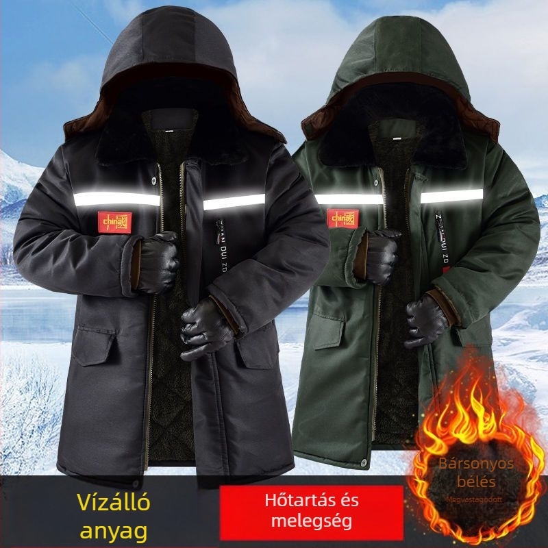 Férfi téli pamut kabát fleece béléssel, vastag, középhosszú, vízálló és szélálló, terepmintás, fényvisszaverő elemekkel éjszakai láthatóságért