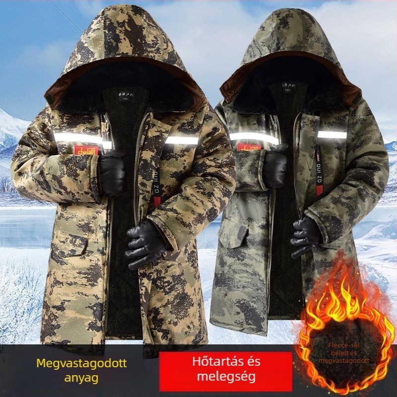 Férfi téli pamut kabát fleece béléssel, vastag, középhosszú, vízálló és szélálló, terepmintás, fényvisszaverő elemekkel éjszakai láthatóságért