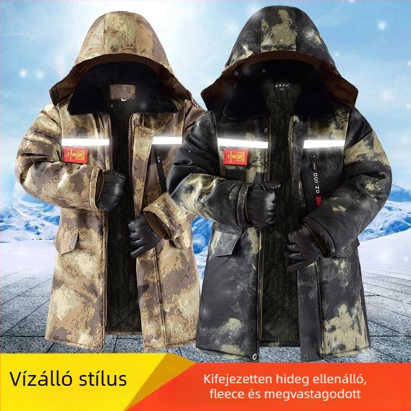Férfi téli pamut kabát fleece béléssel, vastag, középhosszú, vízálló és szélálló, terepmintás, fényvisszaverő elemekkel éjszakai láthatóságért