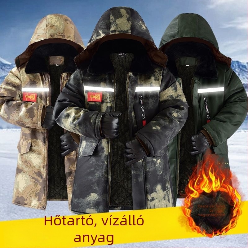 Férfi téli pamut kabát fleece béléssel, vastag, középhosszú, vízálló és szélálló, terepmintás, fényvisszaverő elemekkel éjszakai láthatóságért