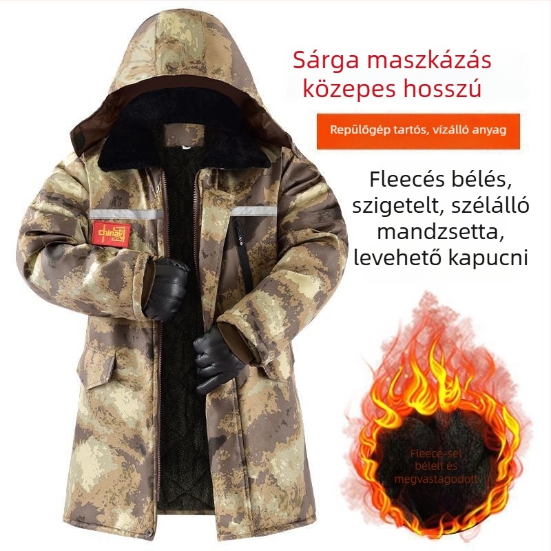 Férfi téli pamut kabát fleece béléssel, vastag, középhosszú, vízálló és szélálló, terepmintás, fényvisszaverő elemekkel éjszakai láthatóságért