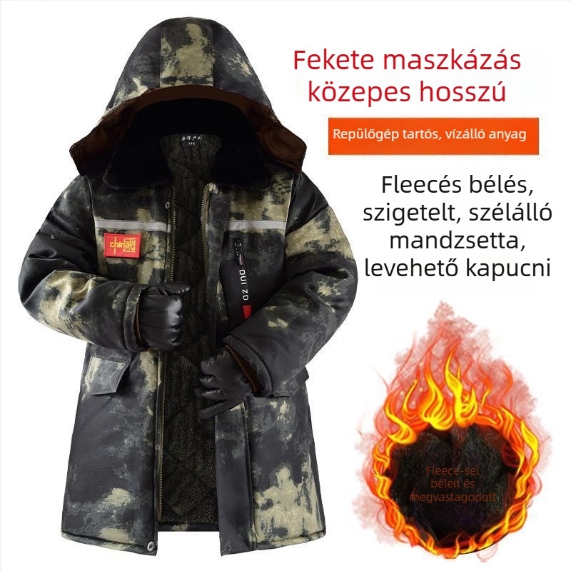 Férfi téli pamut kabát fleece béléssel, vastag, középhosszú, vízálló és szélálló, terepmintás, fényvisszaverő elemekkel éjszakai láthatóságért