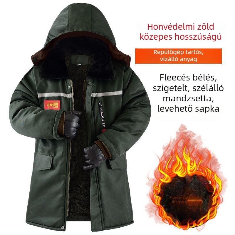 Férfi téli pamut kabát fleece béléssel, vastag, középhosszú, vízálló és szélálló, terepmintás, fényvisszaverő elemekkel éjszakai láthatóságért