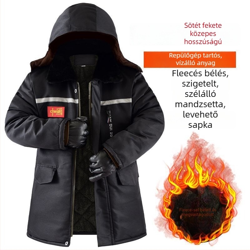 Férfi téli pamut kabát fleece béléssel, vastag, középhosszú, vízálló és szélálló, terepmintás, fényvisszaverő elemekkel éjszakai láthatóságért