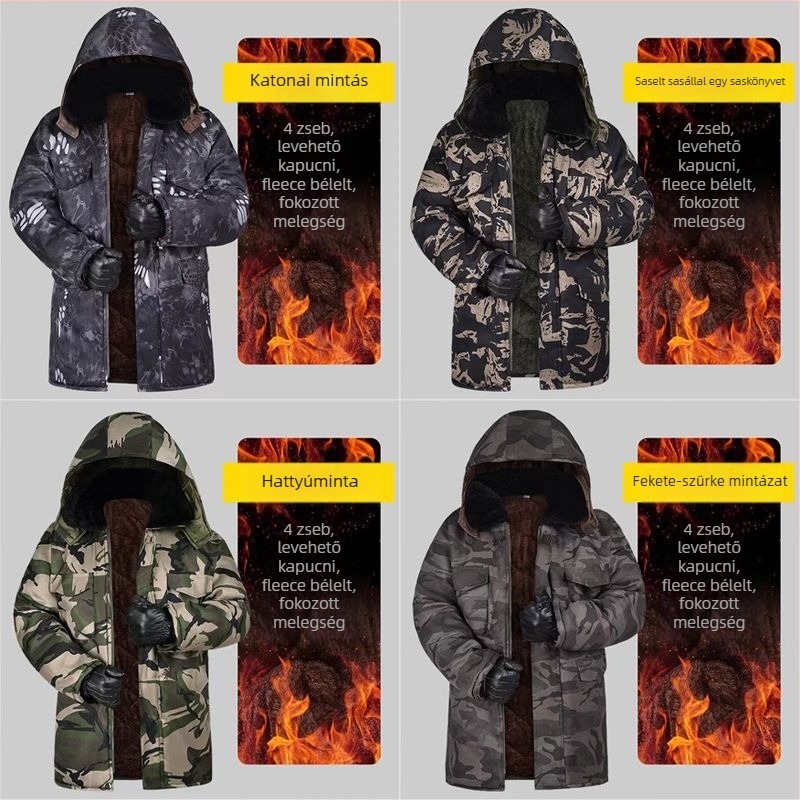 Férfi téli pamut kabát fleece béléssel, vastag, középhosszú, vízálló és szélálló, terepmintás, fényvisszaverő elemekkel éjszakai láthatóságért