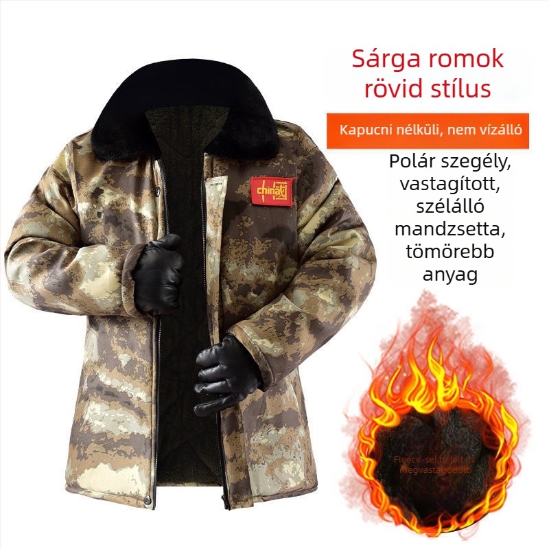 Férfi téli pamut kabát fleece béléssel, vastag, középhosszú, vízálló és szélálló, terepmintás, fényvisszaverő elemekkel éjszakai láthatóságért
