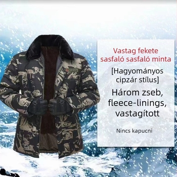 Téli pamut-párnázott kabát reverrel, camuflázs mintázat, cipzár, fleece bélés, laza szabás, három külső zseb
