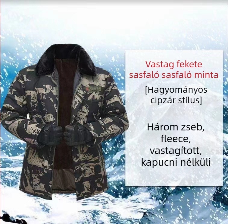 Téli pamut-párnázott kabát reverrel, camuflázs mintázat, cipzár, fleece bélés, laza szabás, három külső zseb