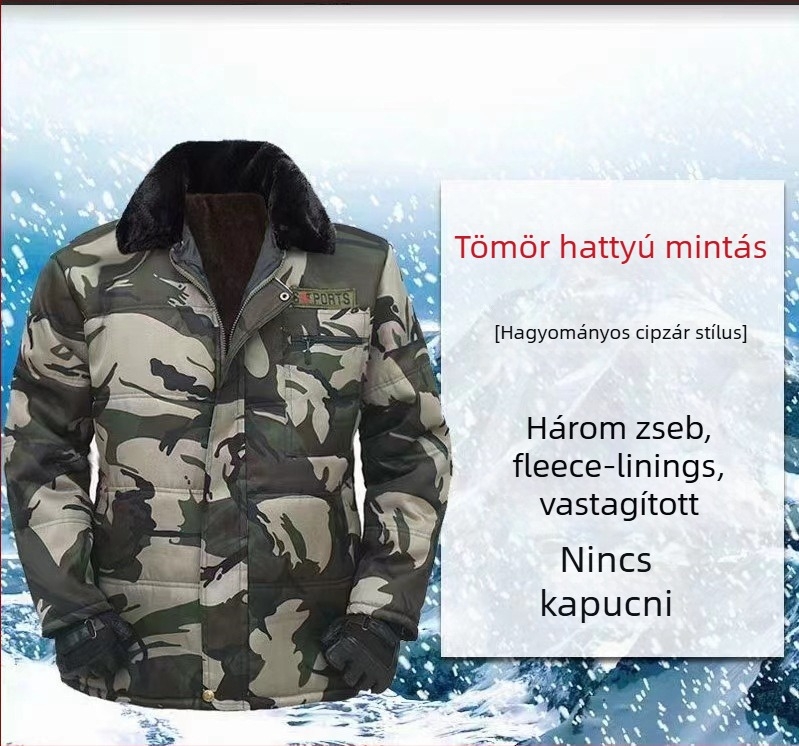 Téli pamut-párnázott kabát reverrel, camuflázs mintázat, cipzár, fleece bélés, laza szabás, három külső zseb