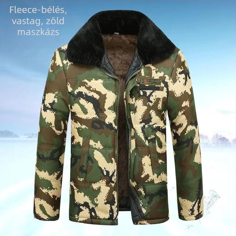 Téli pamut-párnázott kabát reverrel, camuflázs mintázat, cipzár, fleece bélés, laza szabás, három külső zseb