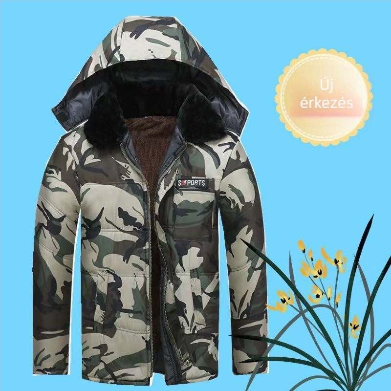 Téli pamut-párnázott kabát reverrel, camuflázs mintázat, cipzár, fleece bélés, laza szabás, három külső zseb