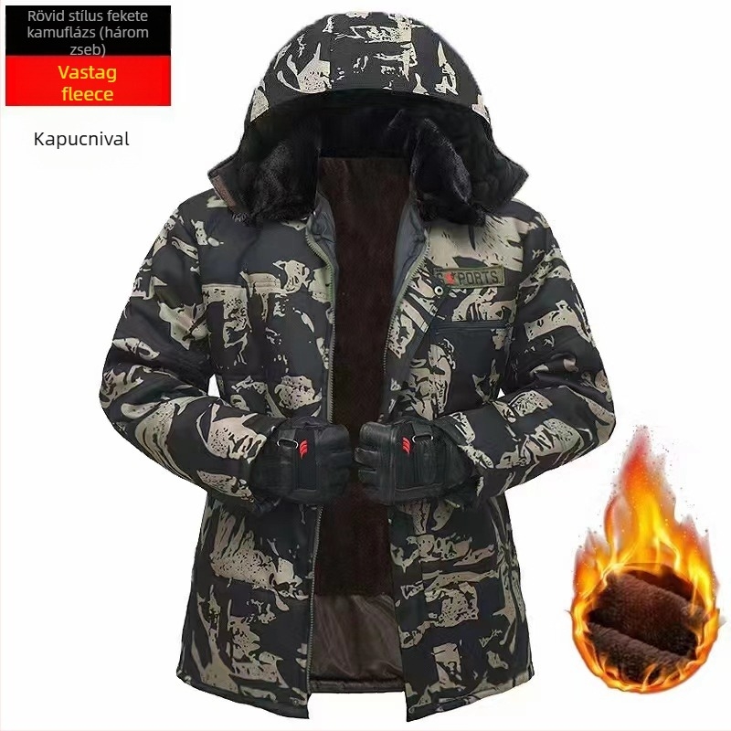 Téli pamut-párnázott kabát reverrel, camuflázs mintázat, cipzár, fleece bélés, laza szabás, három külső zseb