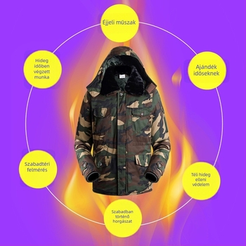 Férfi téli kamuflált pamutból bélelt öltözet, vízálló kivitel, cipzáros zárás, kabát és nadrág.