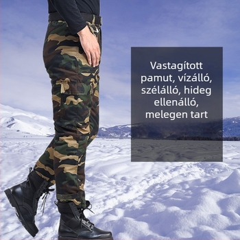 Férfi téli kamuflált pamutból bélelt öltözet, vízálló kivitel, cipzáros zárás, kabát és nadrág.