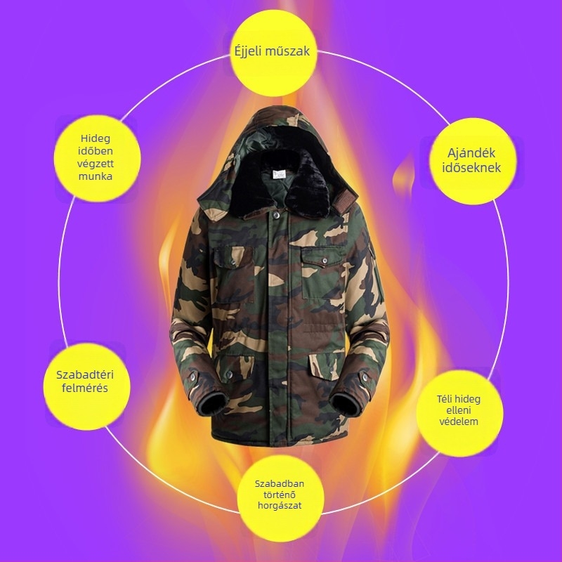Férfi téli kamuflált pamutból bélelt öltözet, vízálló kivitel, cipzáros zárás, kabát és nadrág.