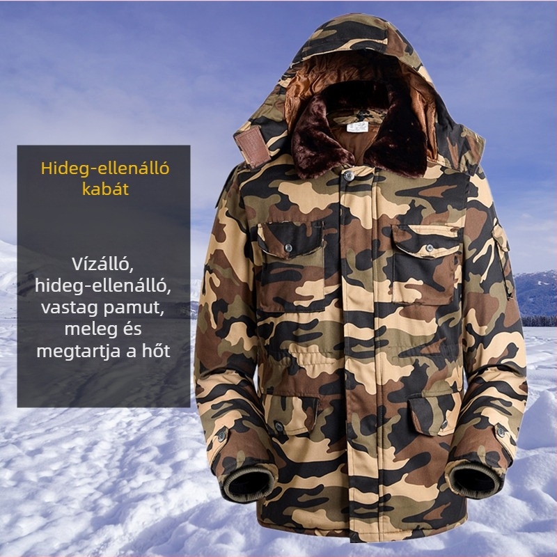 Férfi téli kamuflált pamutból bélelt öltözet, vízálló kivitel, cipzáros zárás, kabát és nadrág.
