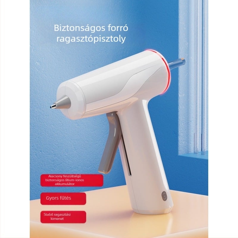 Vezeték nélküli olvasztott ragasztópisztoly, Li-ion akkumulátor, ABS tokozás, kompakt otthoni használatra, ragasztó csepp szélessége 2, maximális nyomás 12