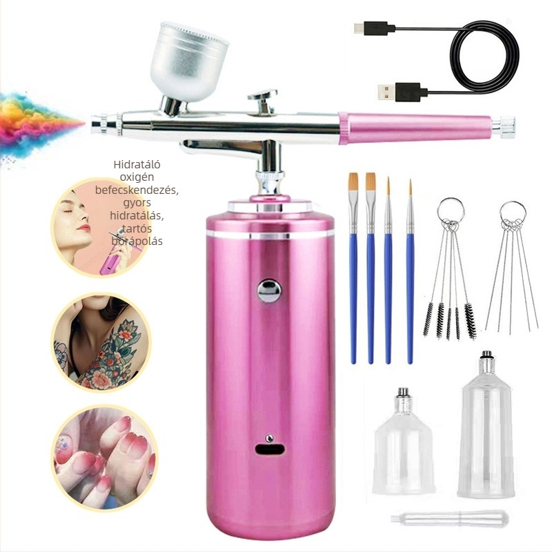 Hordozható elektromos manikűr készlet hidratáló permettel és oxigéninjekcióval — alumínium test; használat: hidratálás, manikűr és fejbőrápolás; max nyomás 0,2; max áramlás 6; permetezési távolság 200.