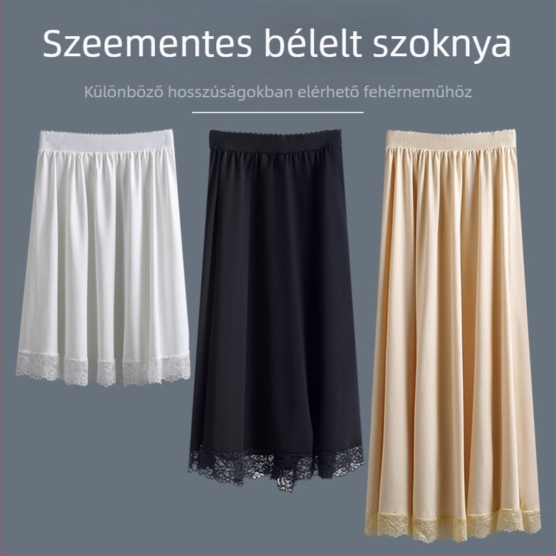 Belső csipkés petticoat, Milk Silk anyag, spandex és poliészter keverék, A-vonalú középhosszú szoknya, magas elasztikusság