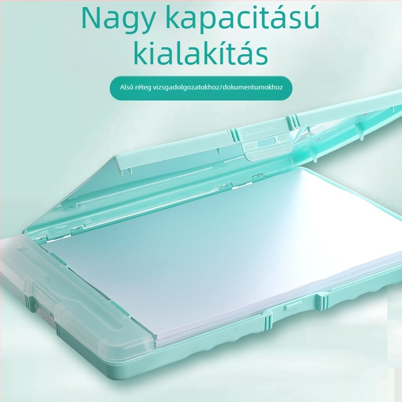 A4-es fájlbox klippel, tollhely és írótáblával – műanyag asztali irattároló
