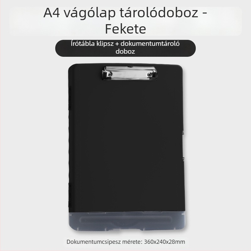 A4-es fájlbox klippel, tollhely és írótáblával – műanyag asztali irattároló