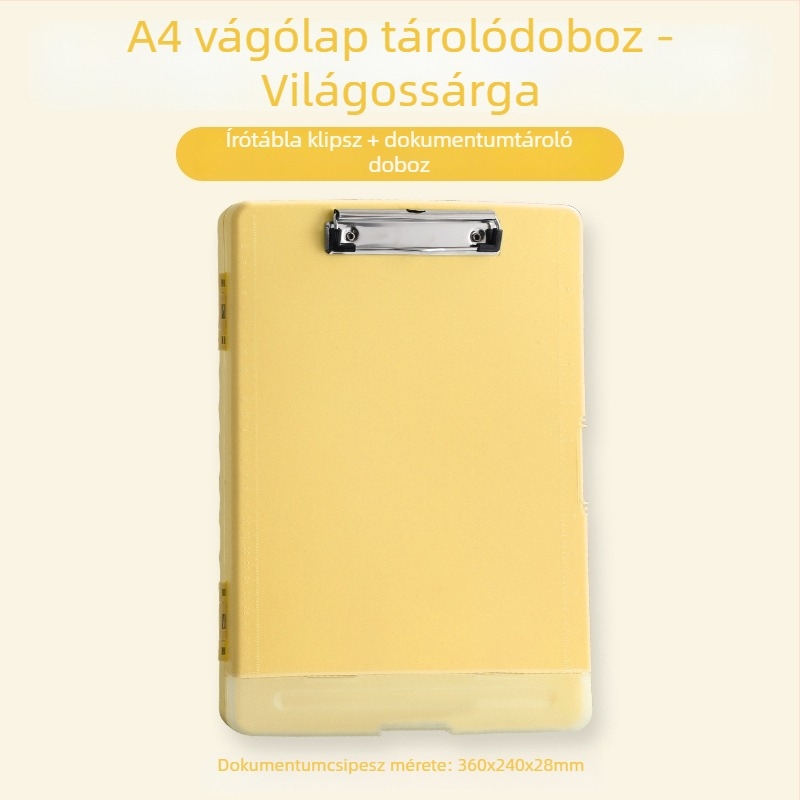 A4-es fájlbox klippel, tollhely és írótáblával – műanyag asztali irattároló