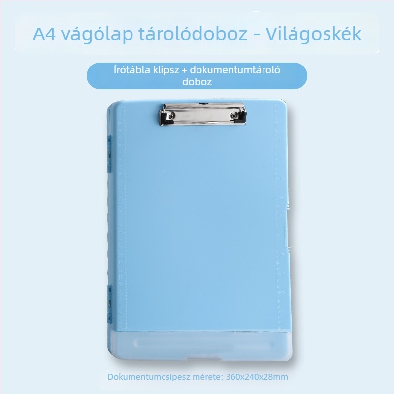 A4-es fájlbox klippel, tollhely és írótáblával – műanyag asztali irattároló