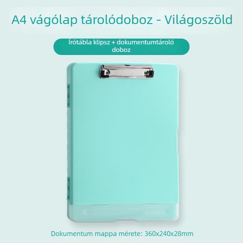 A4-es fájlbox klippel, tollhely és írótáblával – műanyag asztali irattároló