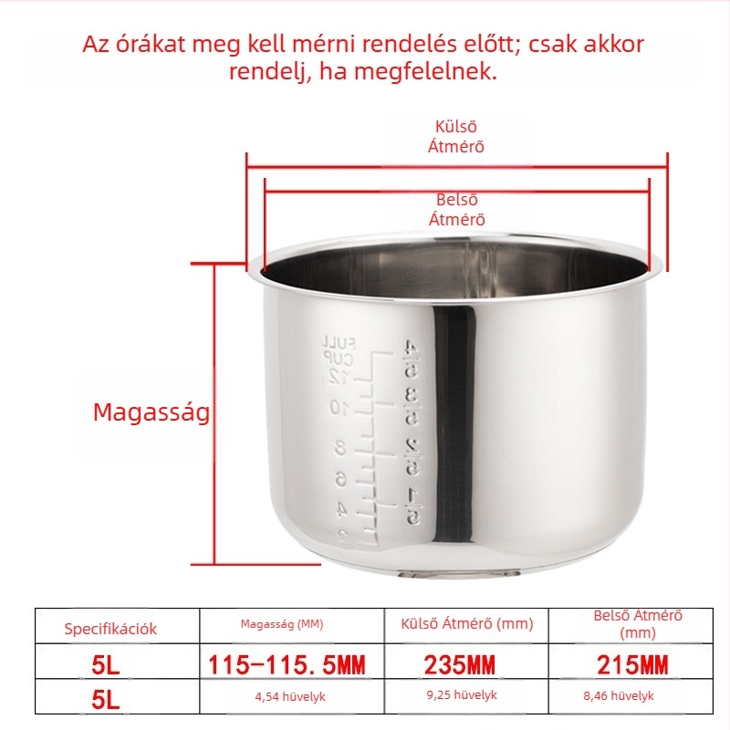 Elektromos nyomásfőző belső edénye, 304 rozsdamentes acél, modell 165, kettős alj, vastított alj, korrózióálló